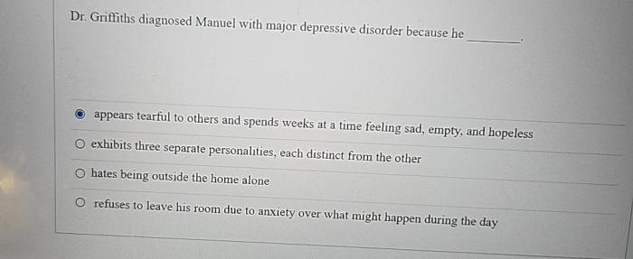 Dr griffiths diagnosed manuel with major depressive disorder