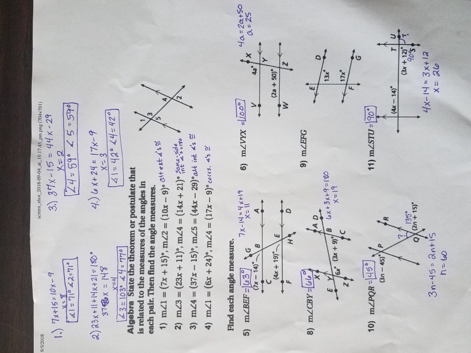 Parallel lines transversals and algebra answer key